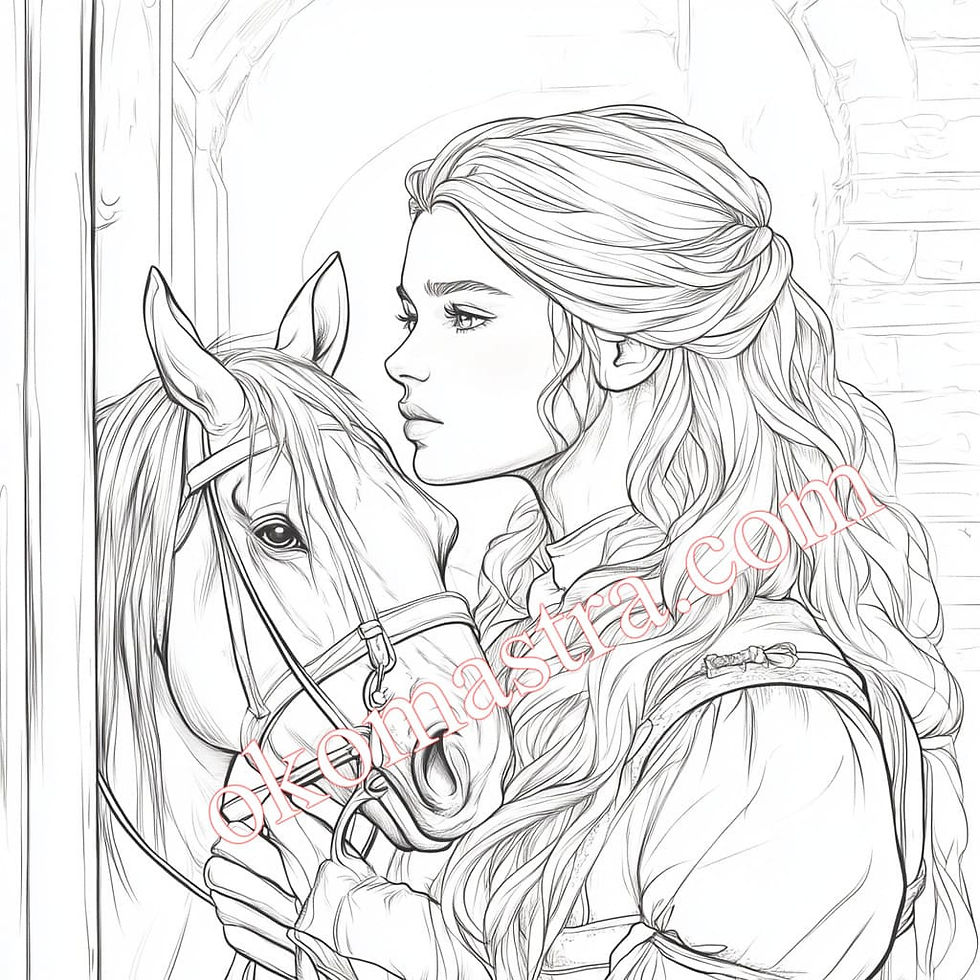Black and white colouring book depicting a girl in medieval clothing standing next to a horse in a stable.