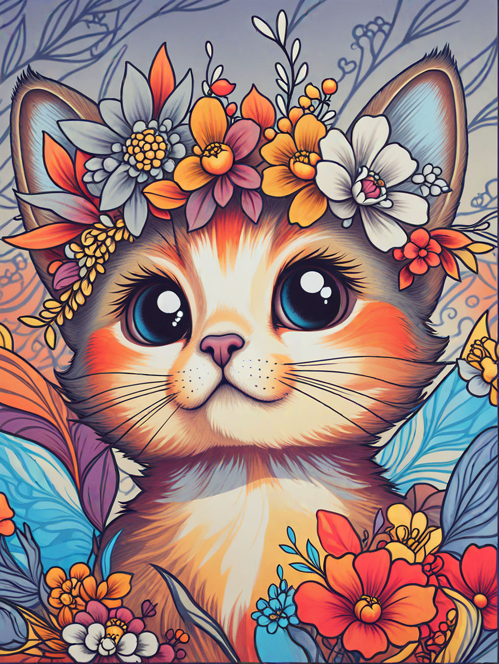  image of a cat in a wreath of various flowers.