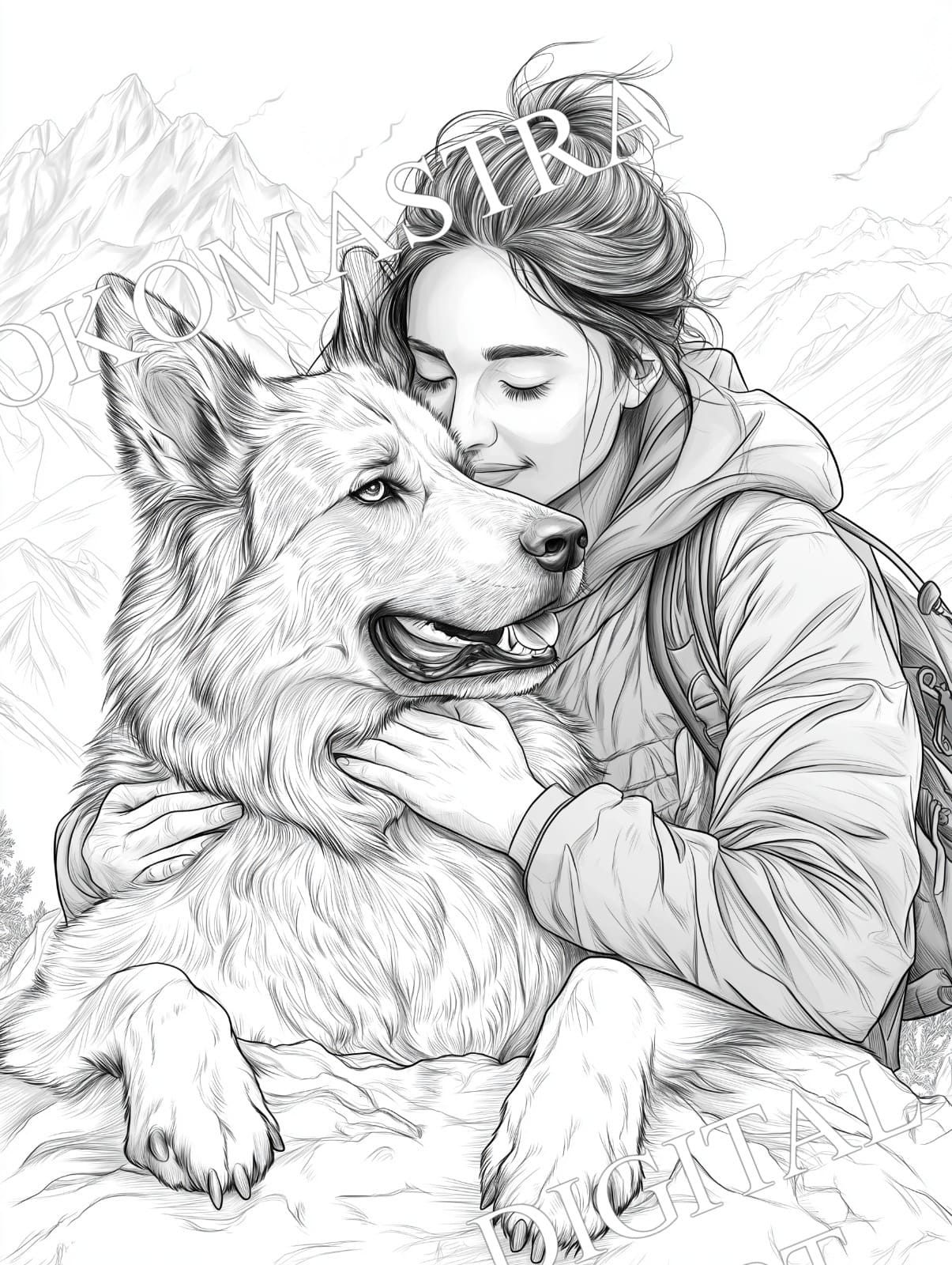Black and white image Coloring page coloring with the image of friendship between a dog and a girl.