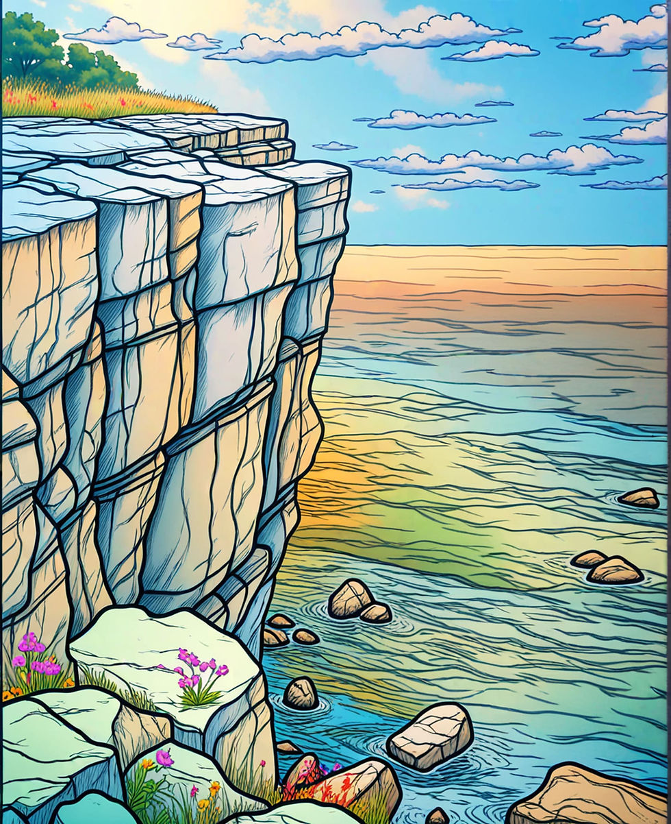 depicting tall coastal cliffs rising above the calm sea.