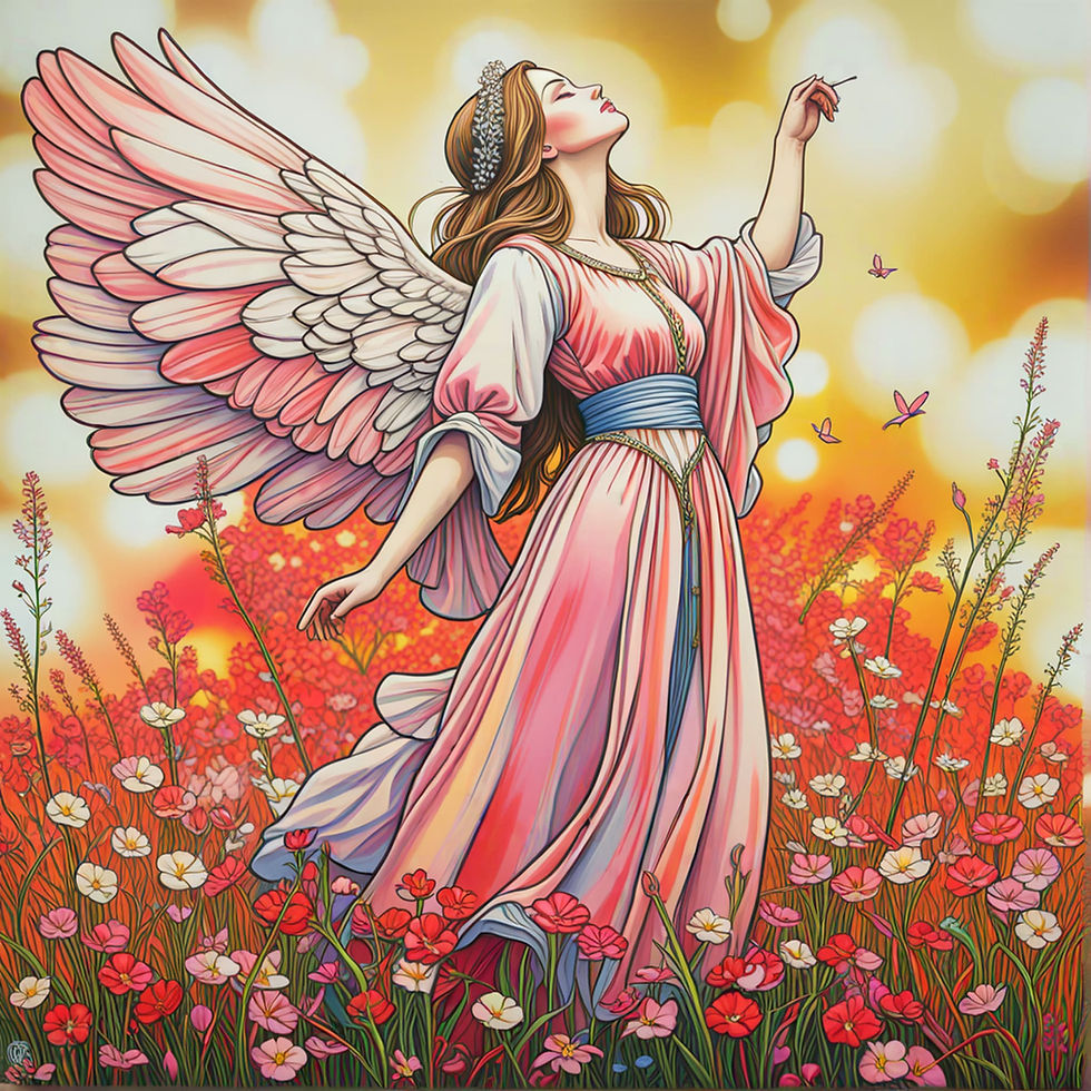 image of a forest fairy in a long dress with wings in a forest clearing.