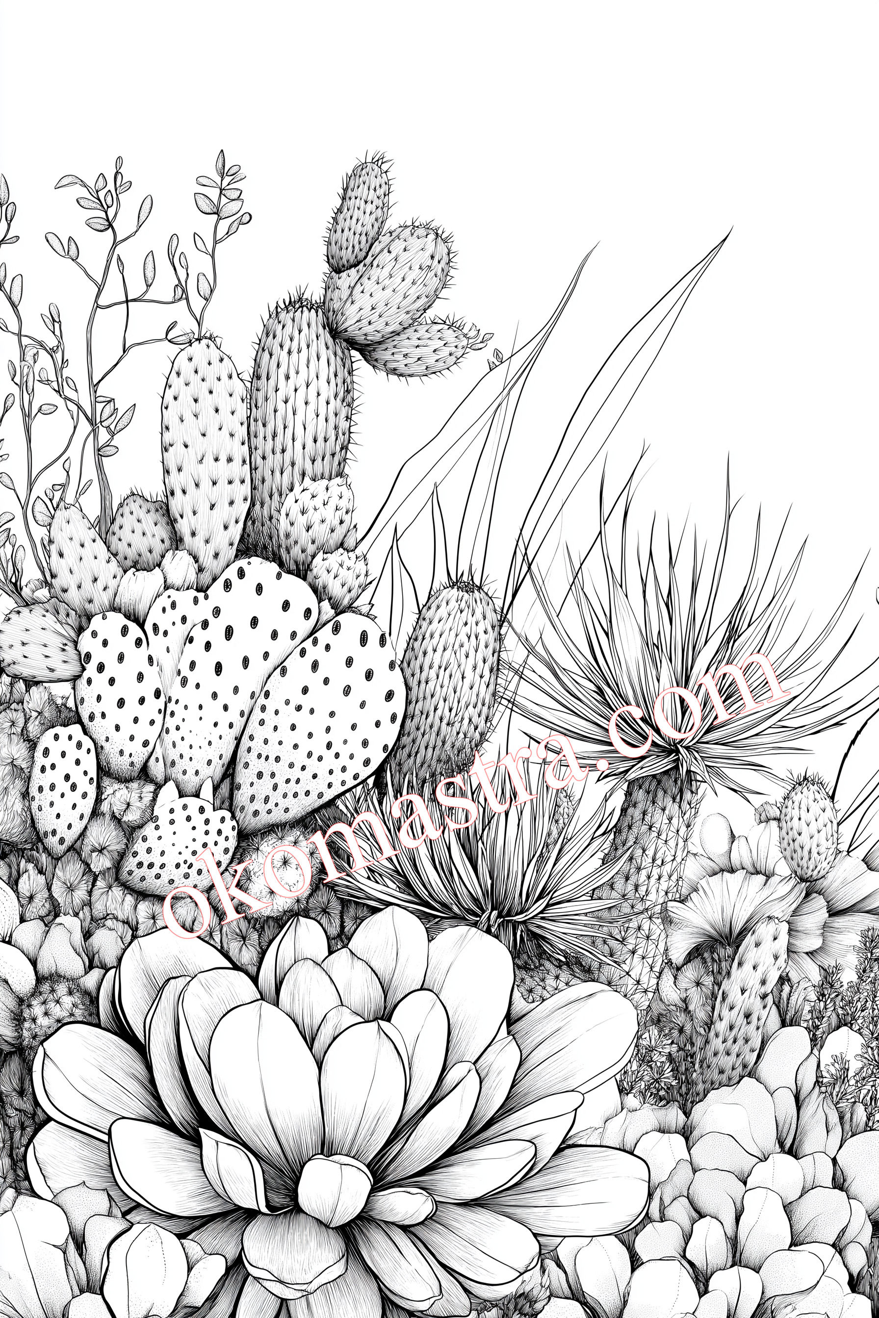 Black and white coloring book with many detailed cacti and succulents surrounded by delicate desert plants.
