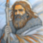 illustration of a wise old man with a long beard, in a fur robe and with a staff in his hand, against the b