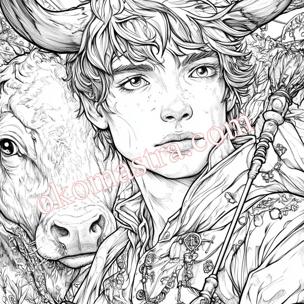 Coloring A young druid with a thoughtful look stands next to a powerful bull decorated with branches and leaves