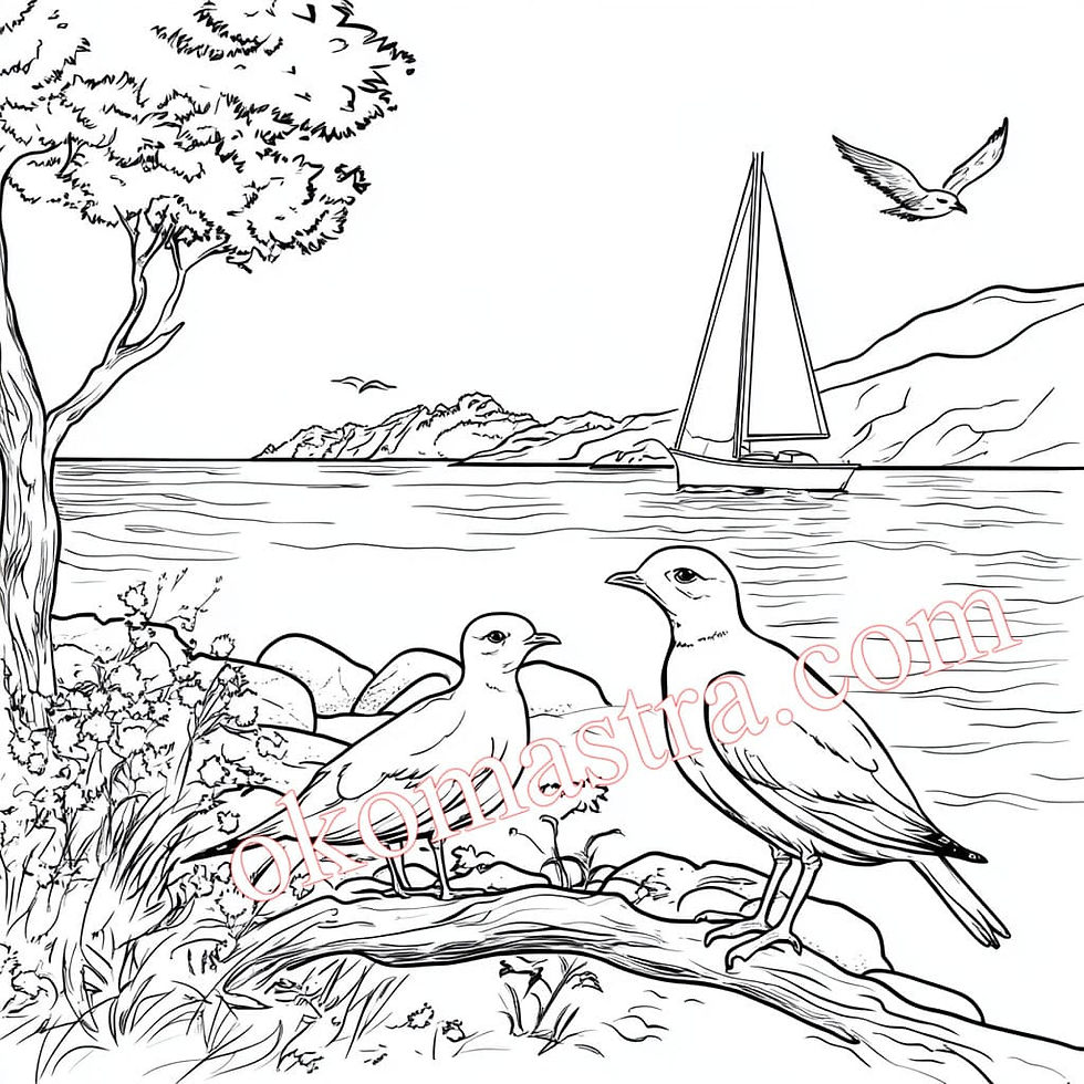 Black and white colouring book depicting two seagulls on the shore, a sailing ship at sea and picturesque coastal hills. A de