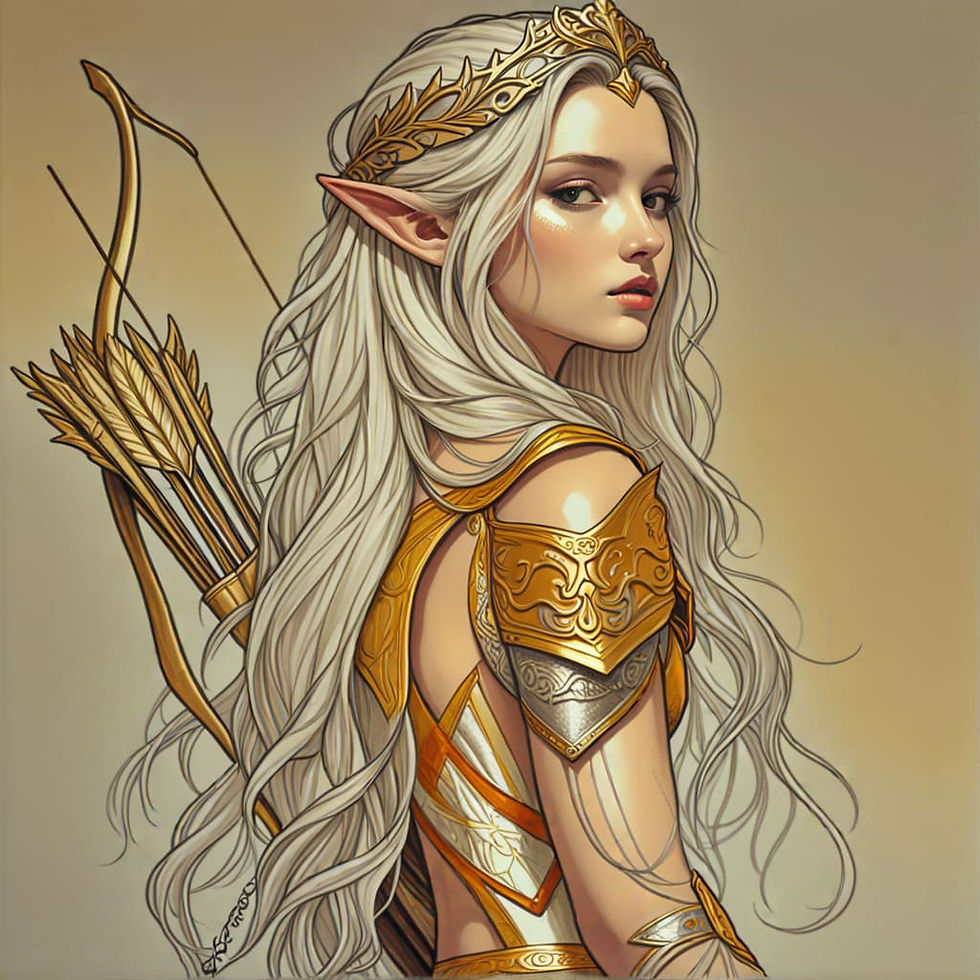 An elven archer with long hair, in armor and with a bow on her back, is depicted in a detailed fantasy coloring page.