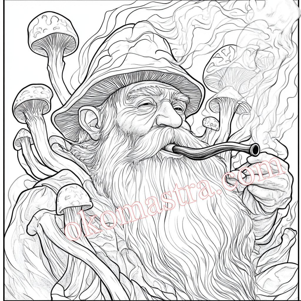 A black and white coloring book depicting an old gnome with a long beard smoking a pipe. He wears a wide-brimmed hat and is
