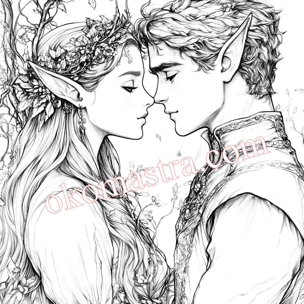 Coloring.Two young elves gently touch foreheads in a magical forest.  Their gazes are full of tenderness and fairytale charm.