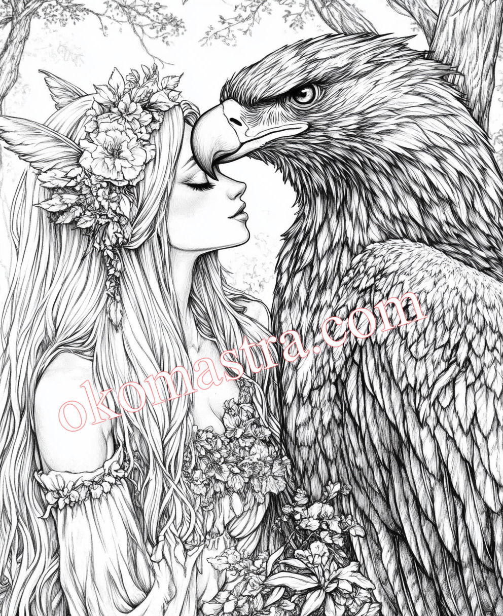A tender scene where a fairy with a wreath of flowers affectionately touches the beak of a majestic eagle. The illustration i