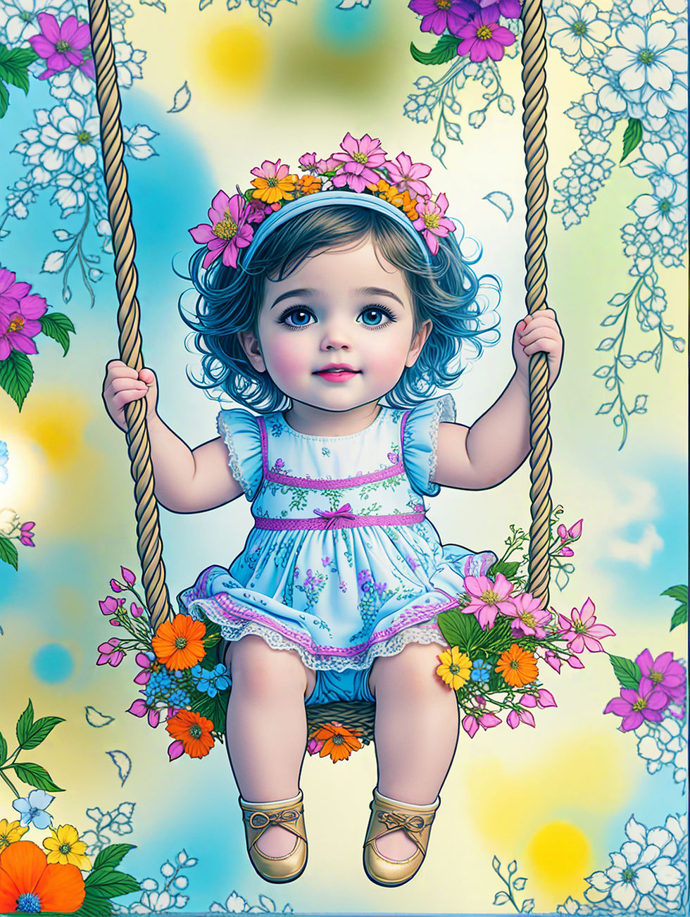  colouring book depicting a cute little girl in a floral wreath swinging on a swing decorated with flowers. De