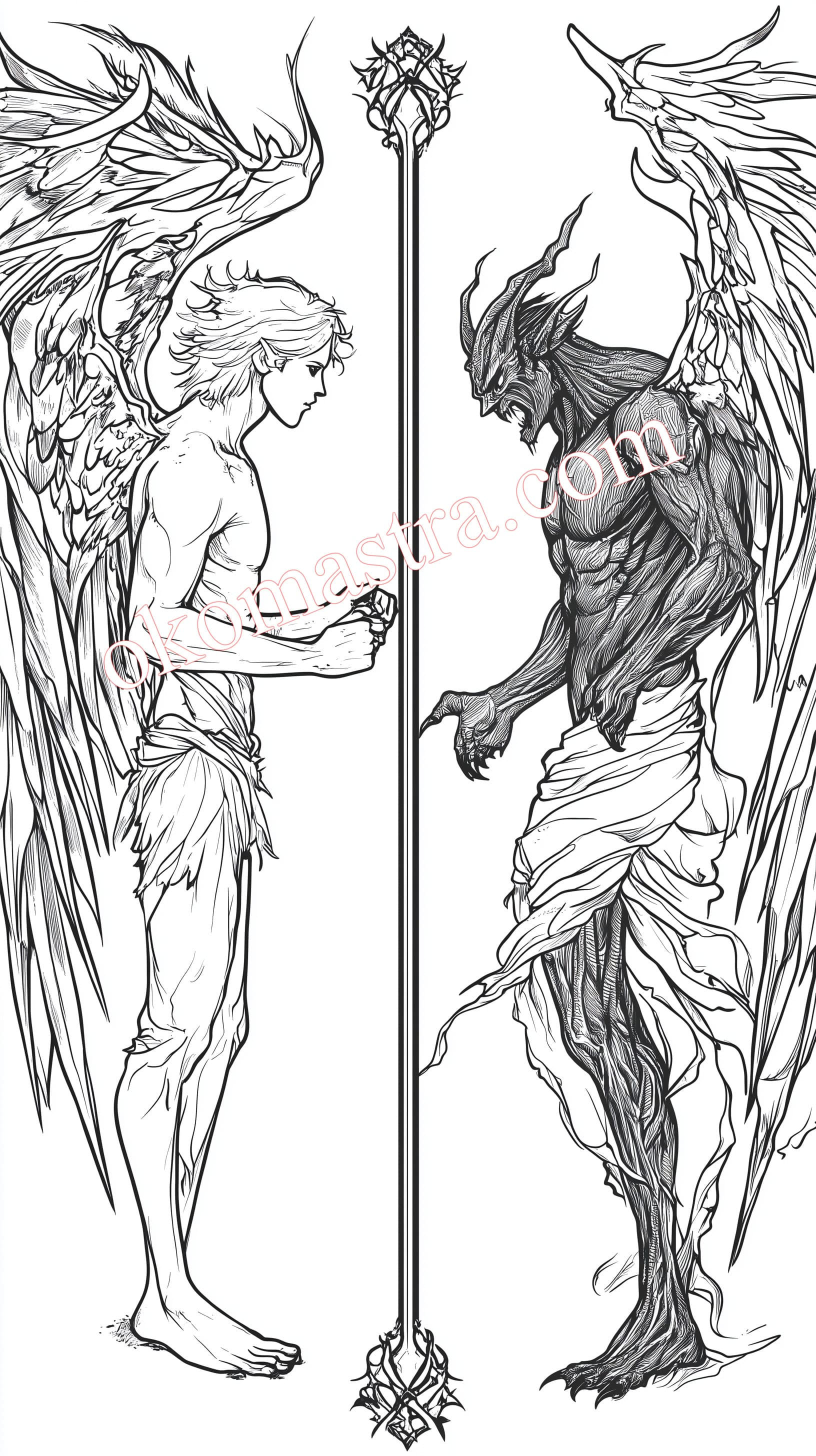 Fantasy coloring page featuring two angels, the angels of good and evil.