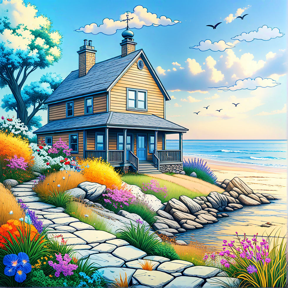  a cosy country house on a rocky seashore surrounded by trees and vegetation. 