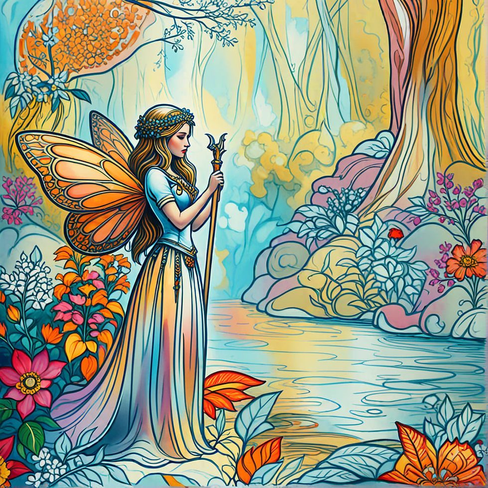 A graceful forest fairy with wings, standing among flowers and mushrooms, with a bouquet in her hands and a flower wreath on