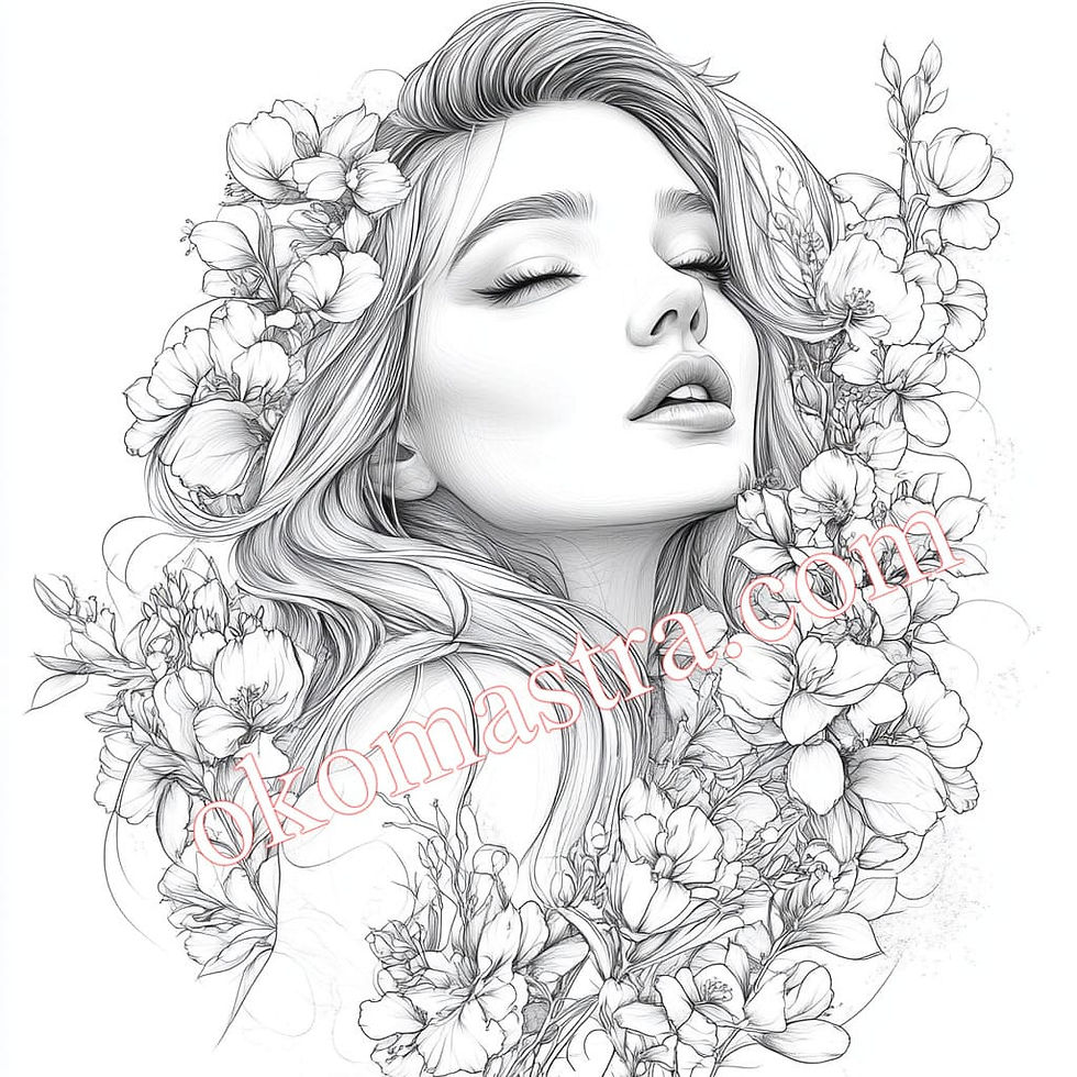 A black and white image of a beautiful girl with her eyes closed surrounded by flowers. Her long hair is carefully woven into a pattern of petals.