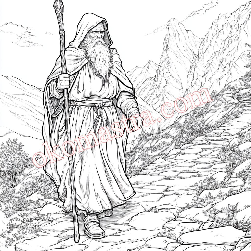 An image of an old man in a cloak with a staff walking in the mountains. Adult coloring book.
