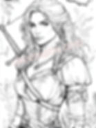 An image of a beautiful female warrior with long hair in a forest. Adult coloring book.