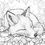 Thumbnail: Black and white A detailed colouring book depicting a fox sleeping cosily among autumn leaves. Black and white outline drawing, conveying the