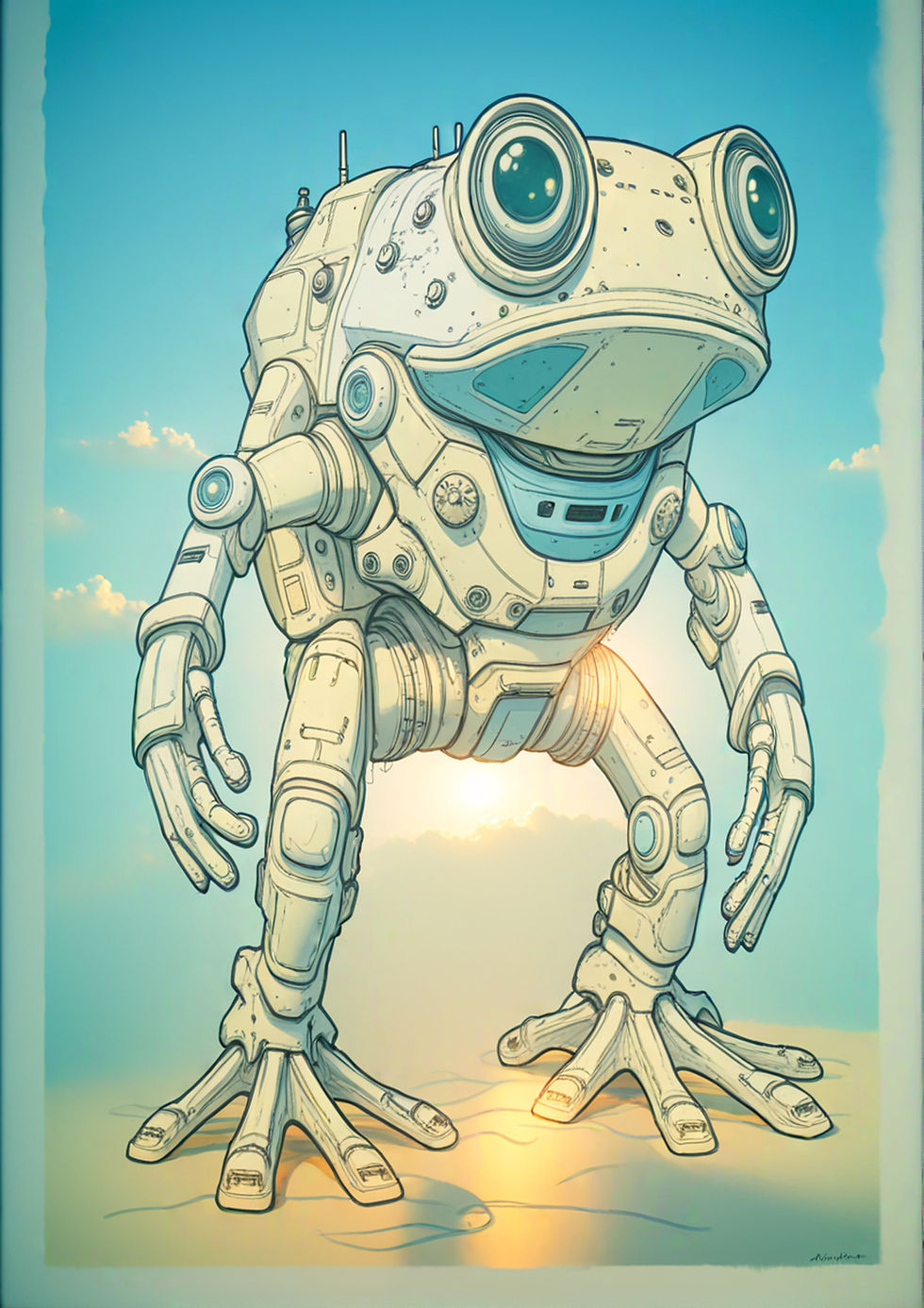 a robot in the shape of a frog. The figure combines organic paws with a metal body,