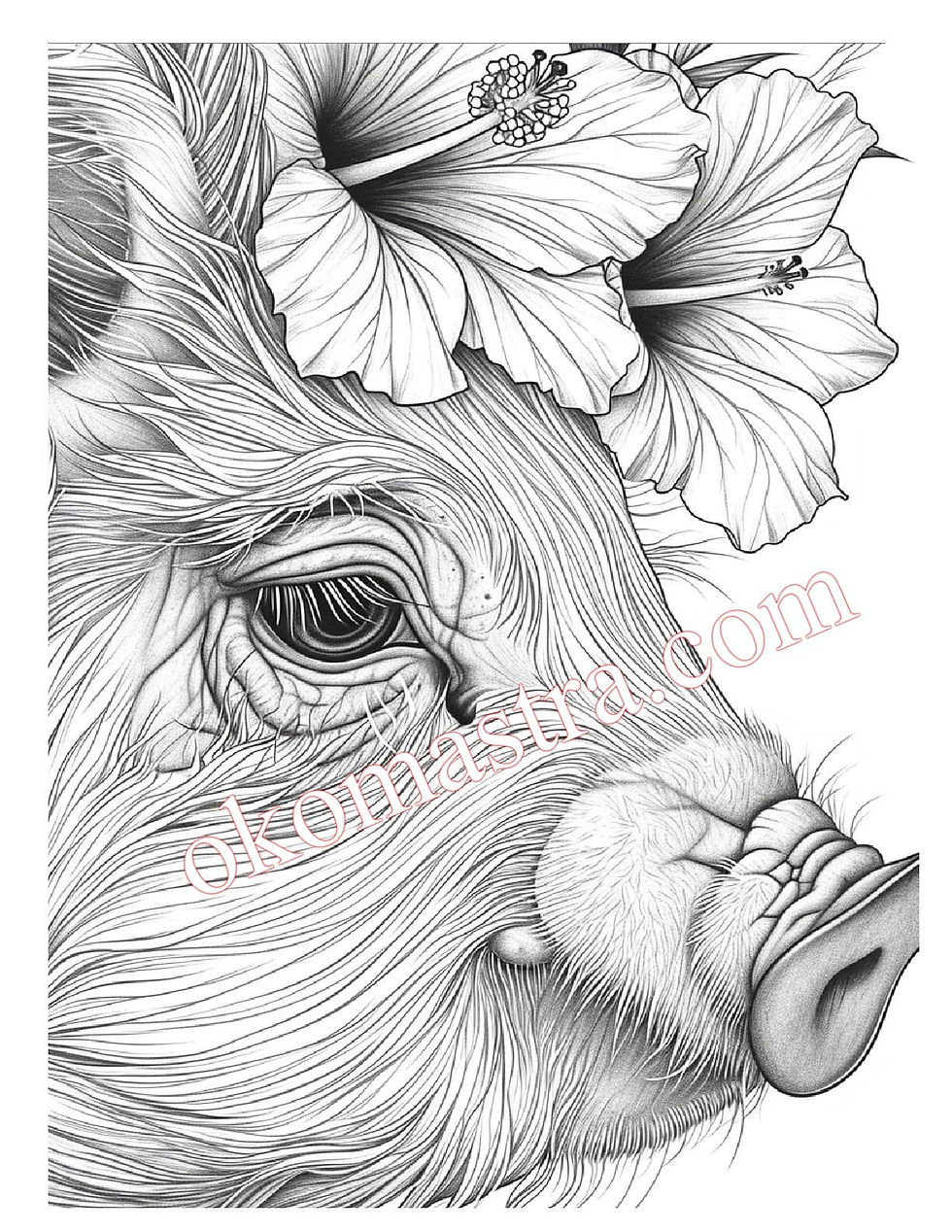 Black and white coloring book with a close-up of a piglet's face decorated with hibiscus flowers. Detailed fur, expressive ey