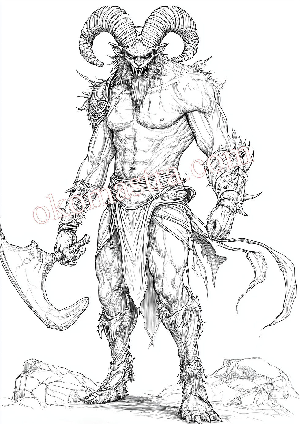 An image of the mythical evil creature, the Minotaur, holding an axe. A drawing for adults.