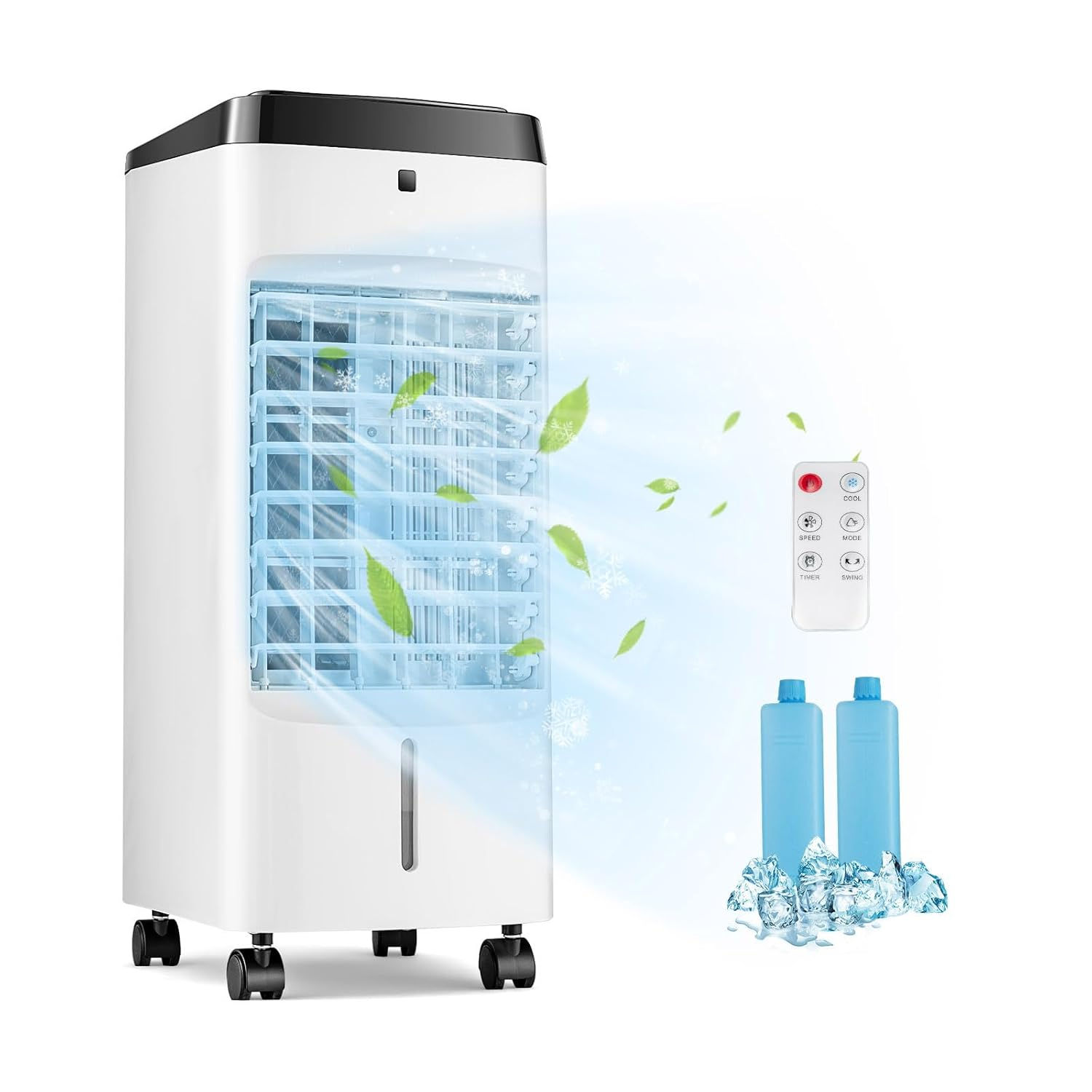 3-in-1 Oscillating Cooler Fan 4 Modes 3 Speeds 2-12H Timer Remote 2 Ice Packs 3.