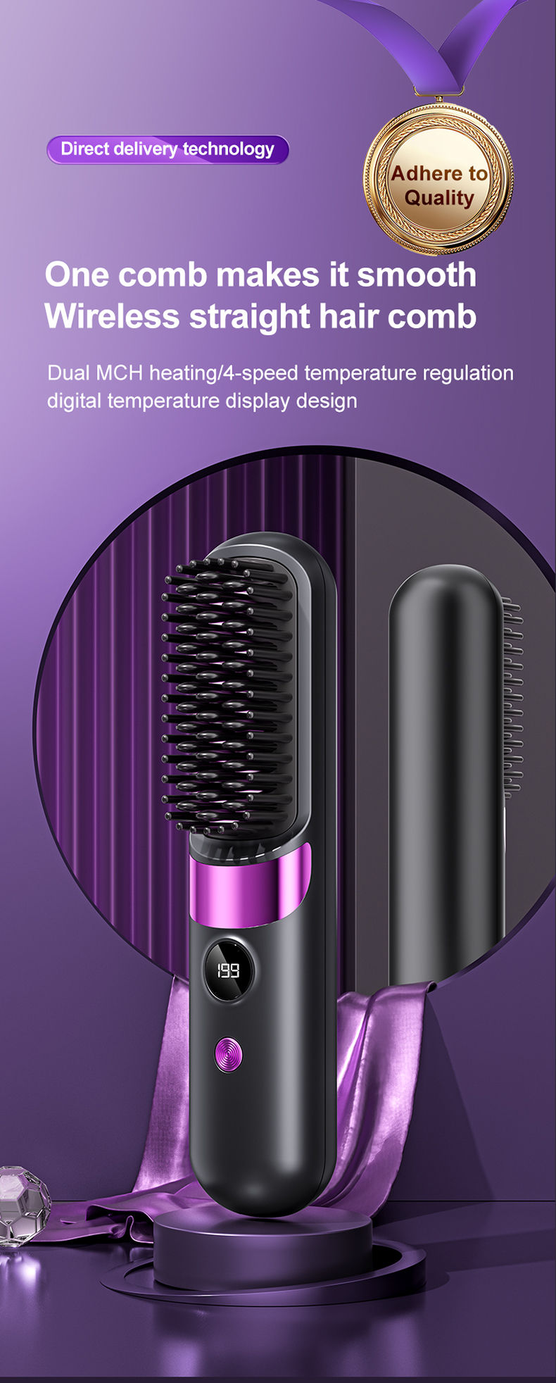 Thumbnail: Hair Straightener Brush, 4 Temp Adjustable Comb, Quick Styling Tool, Rechargeabl