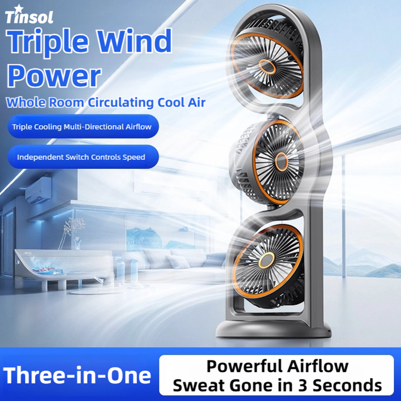 TINSOL New Portable USB Rechargeable Three-Head Fan – 360° Circulation, 5-Spe