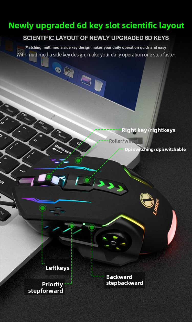 Thumbnail: 1pc V7 Mechanical Gaming Mouse with LED Lights, Wired Notebook Mouse for Laptop 