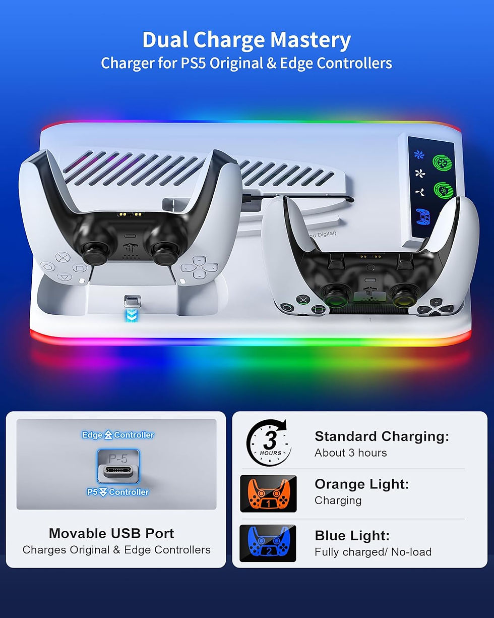 Thumbnail: For PS5/Slim/Pro Cooling Stand with LED Controller Charging Station, 3-Gear Cool