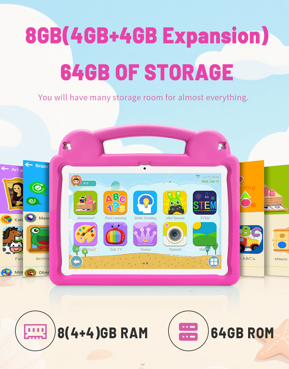 Thumbnail: Android 15 Kids Tablet, 10.1inch Tablet for Kids, 8GB RAM 64GB ROM Toddler Table