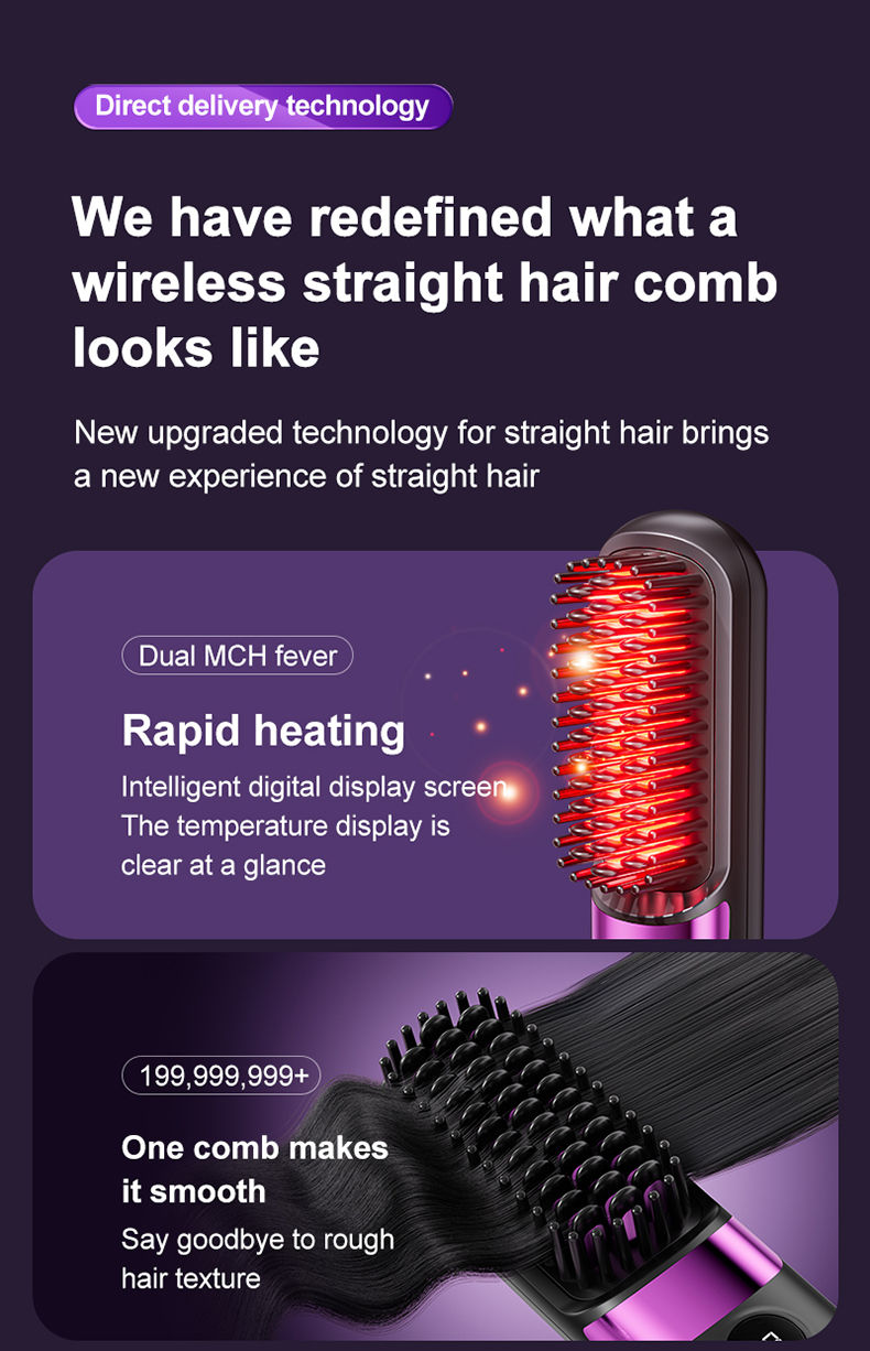 Thumbnail: Hair Straightener Brush, 4 Temp Adjustable Comb, Quick Styling Tool, Rechargeabl