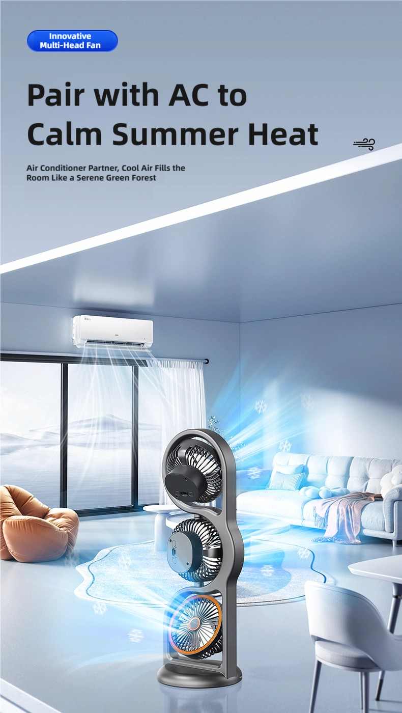 Thumbnail: TINSOL New Portable USB Rechargeable Three-Head Fan – 360° Circulation, 5-Spe