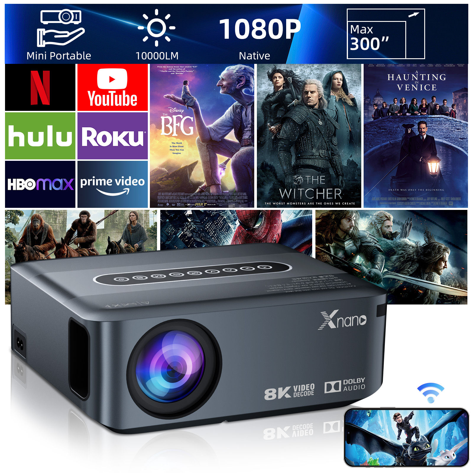 Xnano X1 Projector Support 4K Native 1920*1080P Full HD Auto Correction Android