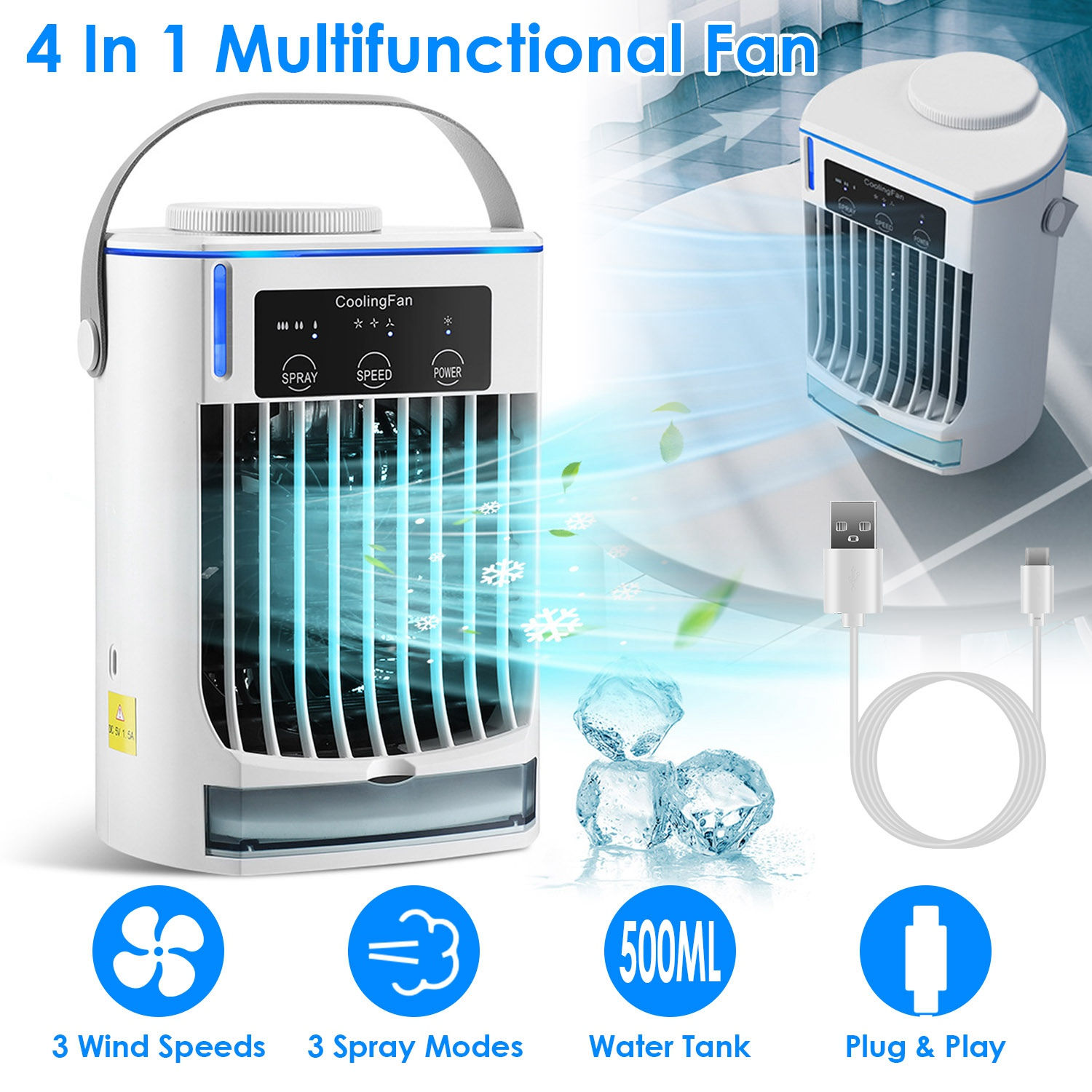 Portable Evaporative Air Conditioner Fan 3 Speed Spray Personal Cold Mist Air Co
