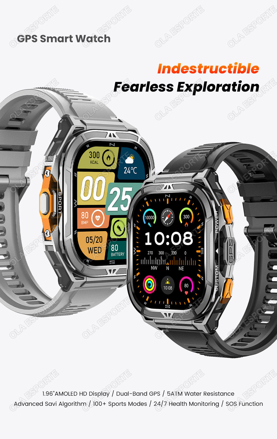 Thumbnail: X5 Amoled 5ATM GPS Waterproof SmartWatch Men Built-in Dual-band GNSS Compass Mil