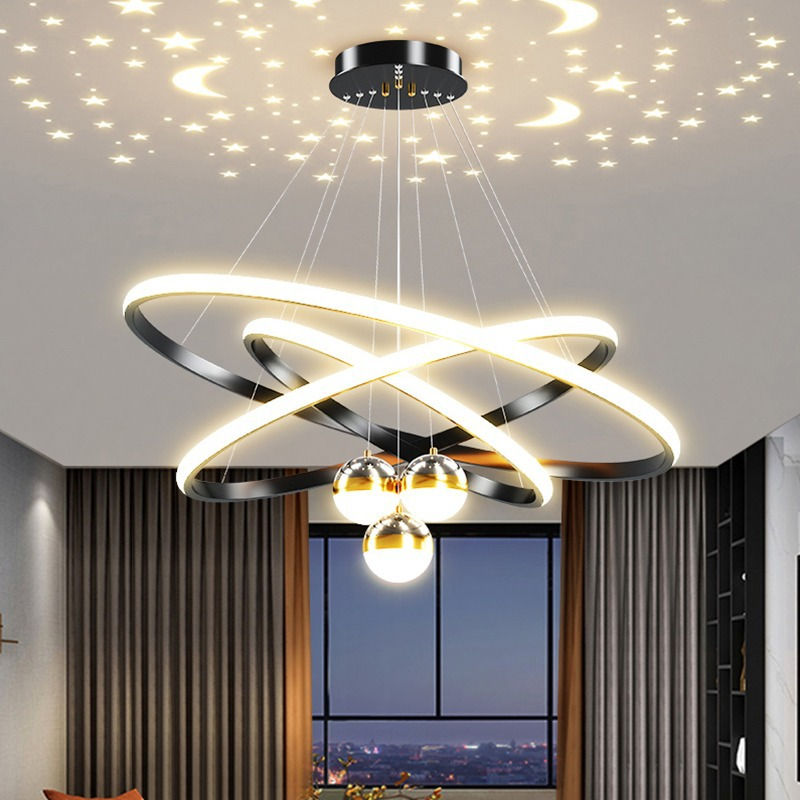 Thumbnail: Modern Living Room Ring Chandelier with Moon Stars Creative Black/Gold Ring Circ