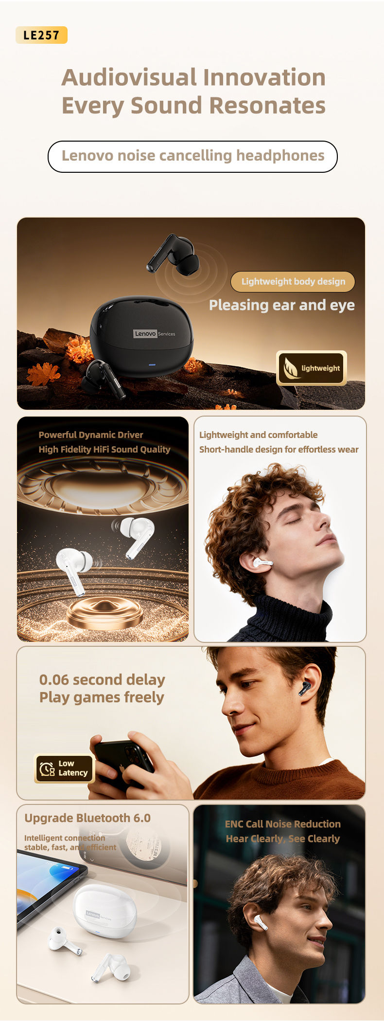 Thumbnail: ﻿ Lenovo LE257 Headphones TWS Wireless Bluetooth 6.0 Earphone HiFi Sound ENC C