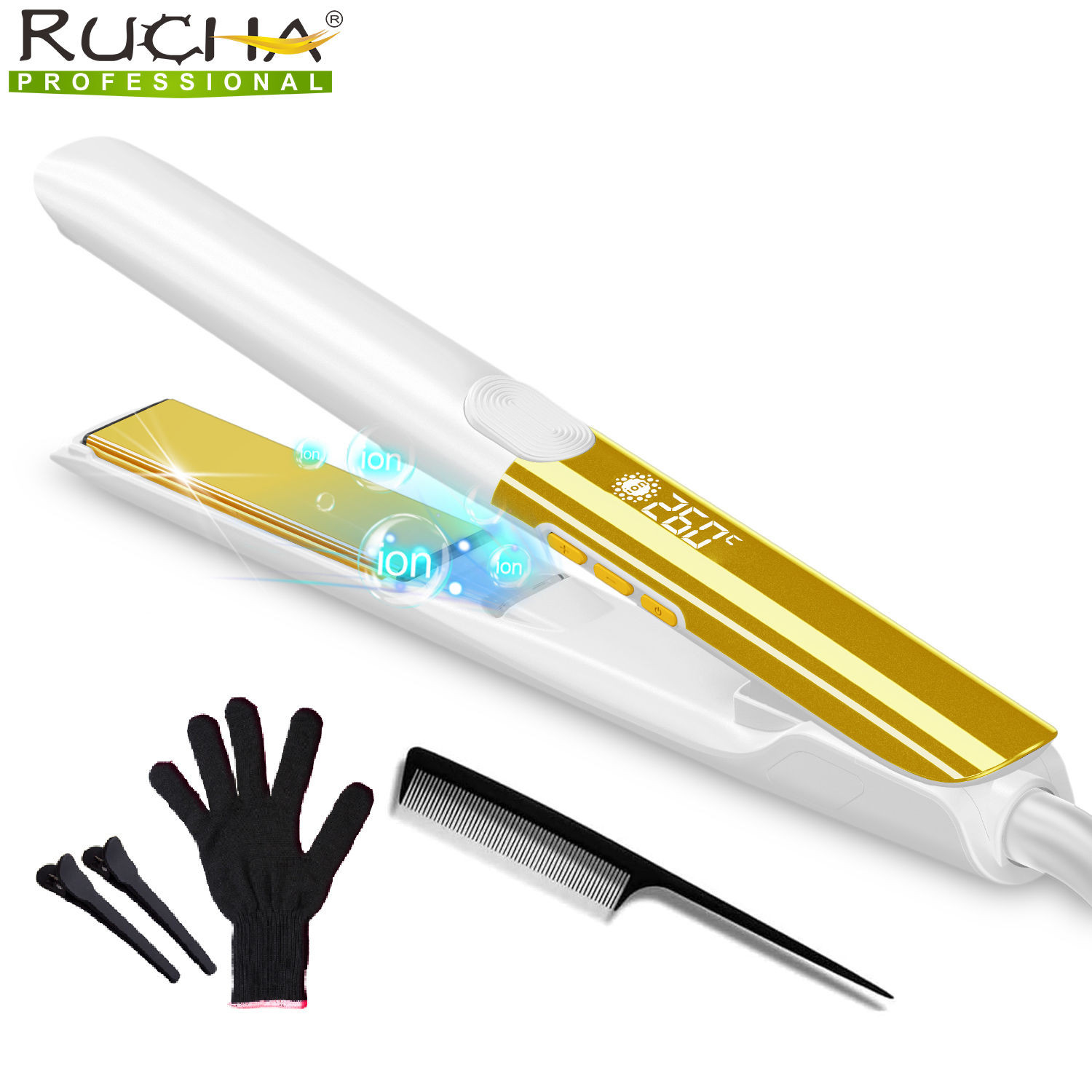 RUCHA Mirror Titanium Plate Hair Flat Iron with Plasma Keratin Treatment for Fri