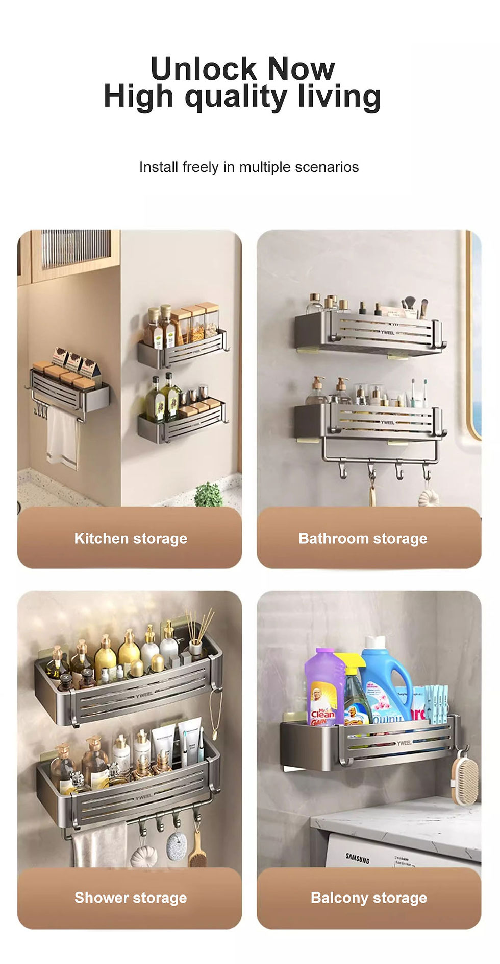 Thumbnail: Shower Corner Shelf Without Drilling Aluminum Bathroom Shelf With Towel Bar Sham