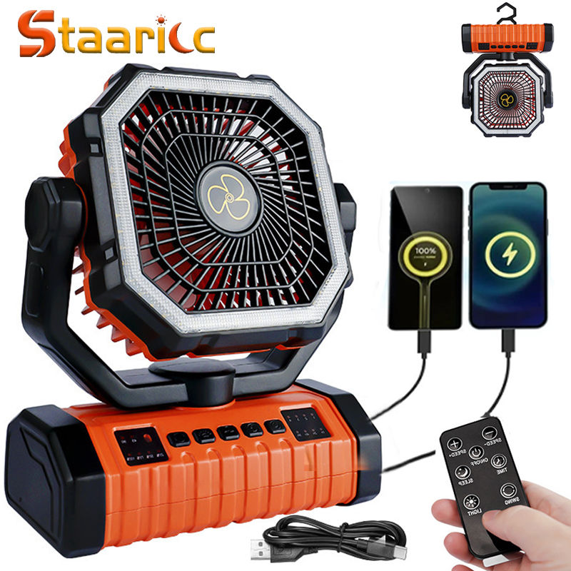 Thumbnail: 20000mAh Rechargeable Camping Fan with LED Light & Remote, 4 Speeds Timing Porta