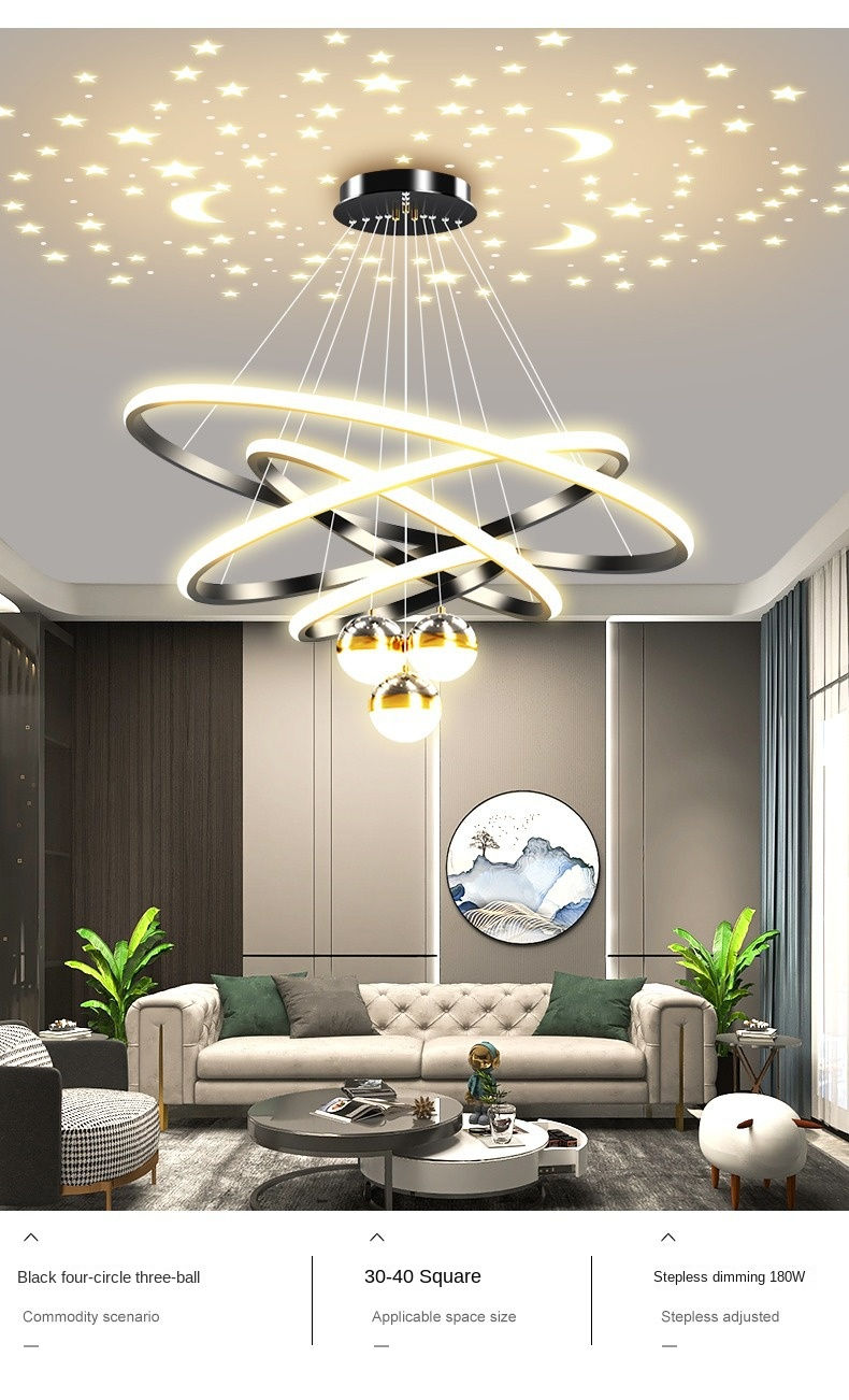 Thumbnail: Modern Living Room Ring Chandelier with Moon Stars Creative Black/Gold Ring Circ