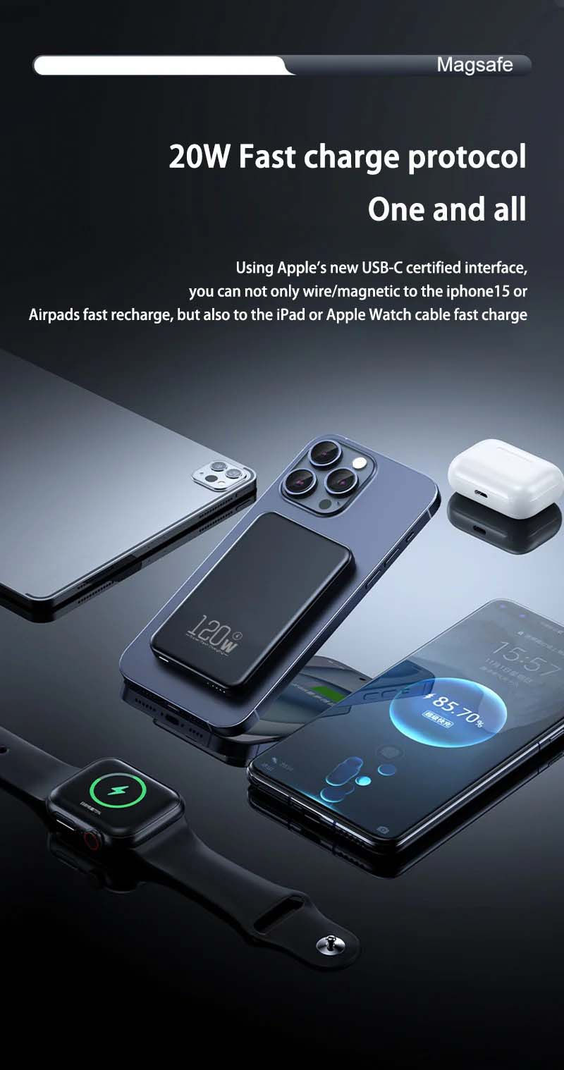 Thumbnail: 20000mAh Magnetic PowerBank Wireless PD 22.5W Fast Charger For Magsafe Portable 