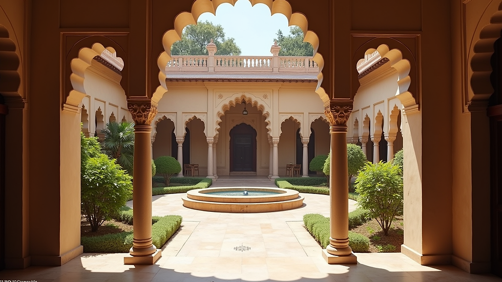 Eye-level view of a serene courtyard with traditional Indian decor