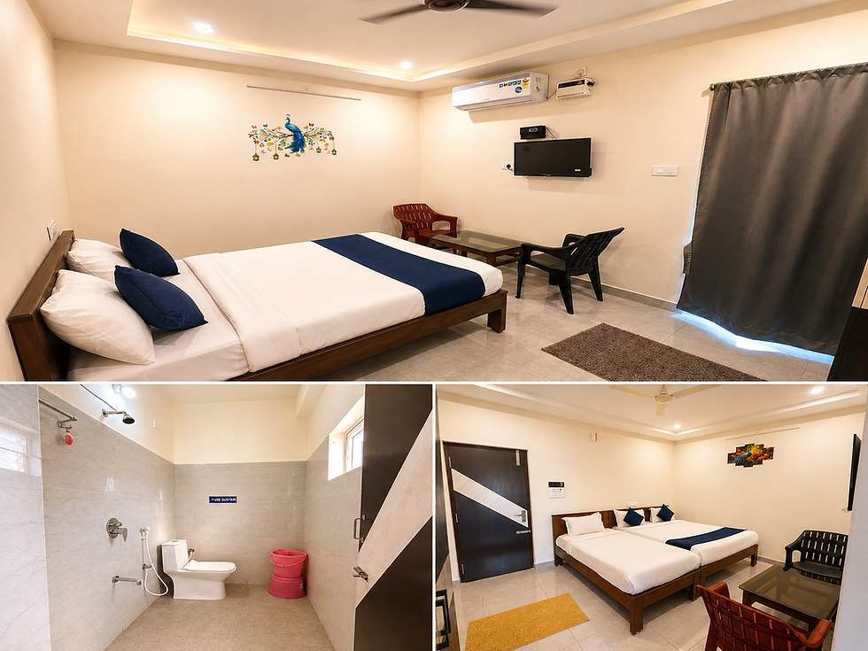 Modern bedroom and bathroom in family friendly accommodation