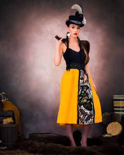 short mustard applique skirt