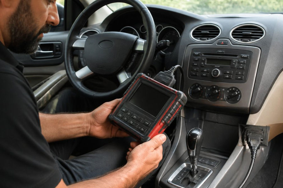 A locksmith holding a diagnostic programming tool connected to a car's OBD port inside a vehicle, dashboard and steering column visible, focused on the technician's hands and the tool screen, natural daylight through the windshield