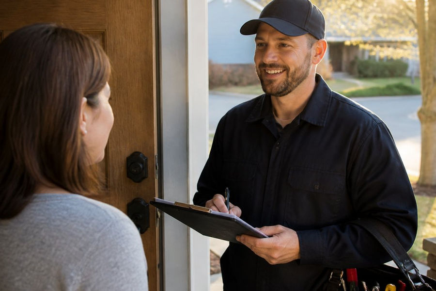 Professional locksmith in uniform holding diagnostic tools and notepad, standing at residential front door with morning sunlight, discussing service details with homeowner