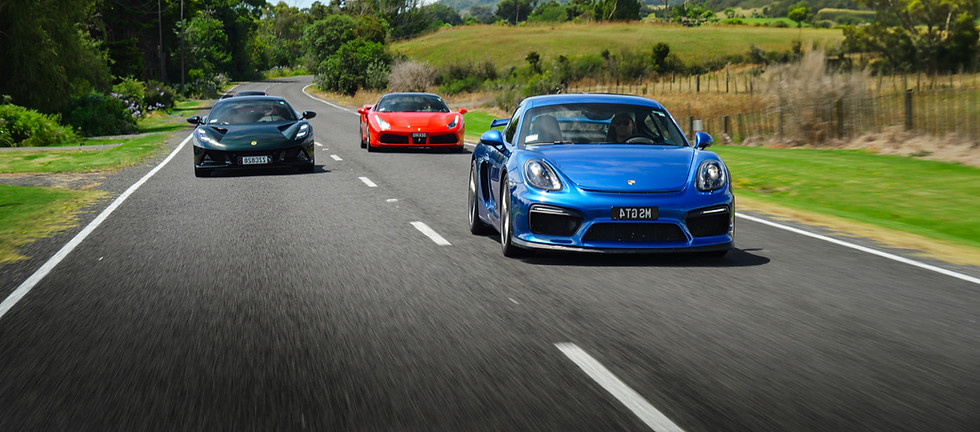 Prosche Gt4 Ferrari 488 and Lotus Emira on New Zealand roads