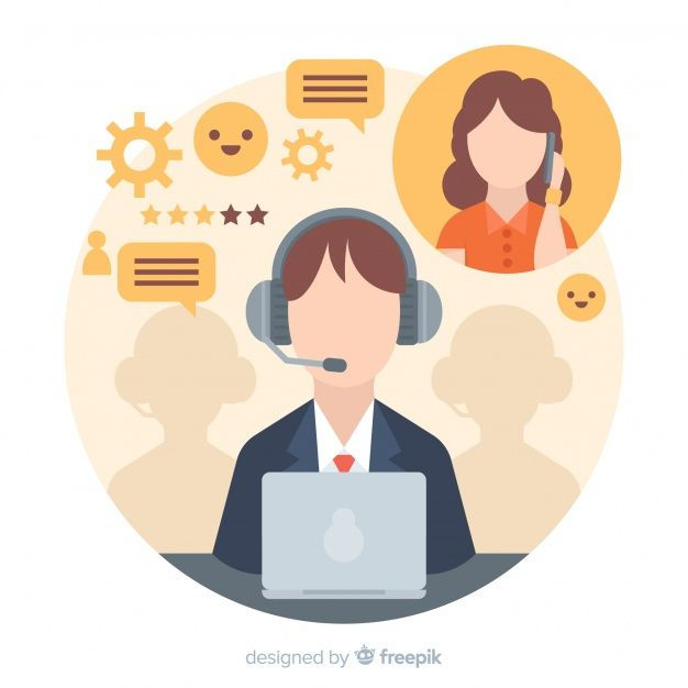 Customer support illustration: person with a headset at a laptop, chat bubbles, star ratings, gears, and emojis. Woman on phone in orange circle.