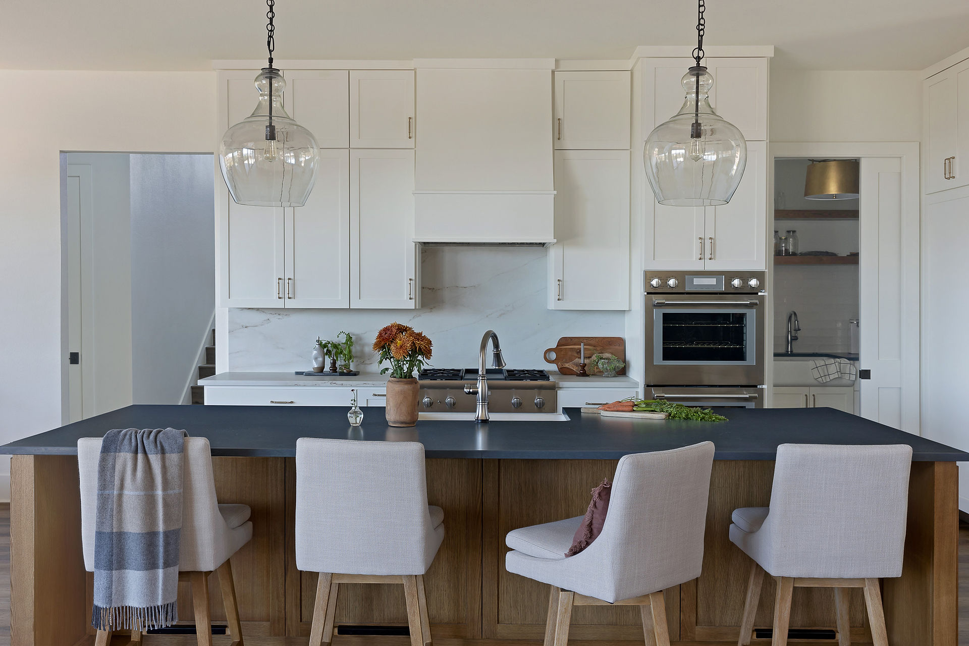 Nancy Meyers inspired kitchen with contrasting countertops